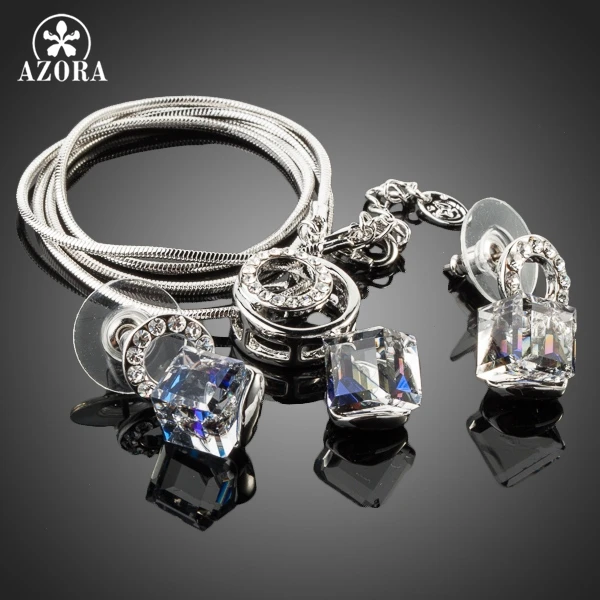 AZORA White Gold Color Bule Stellux Austrian Crystal Cube Drop Earrings and Necklace Jewelry Set TG0032