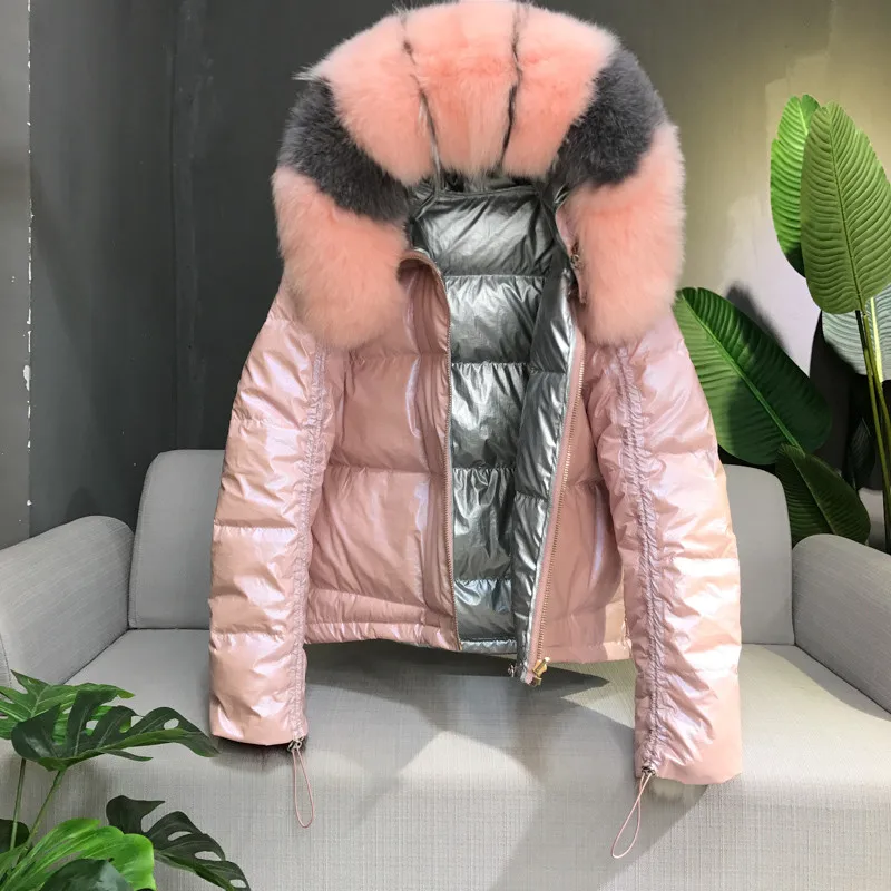 

Sanishroly Winter Women Short Double-sided Coat Warm Thick White Duck Down Jacket Parka Lady Big Fur Collar Hooded Outerwear 692