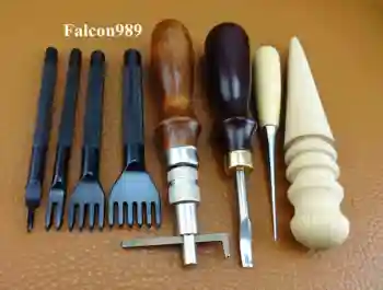 

8pcs Leather Craft Lacing Chisel Edge Groover Skiving Slicker Awl Tool Kit Set - Sewing Stitching Carving Stamping Knife Cutter