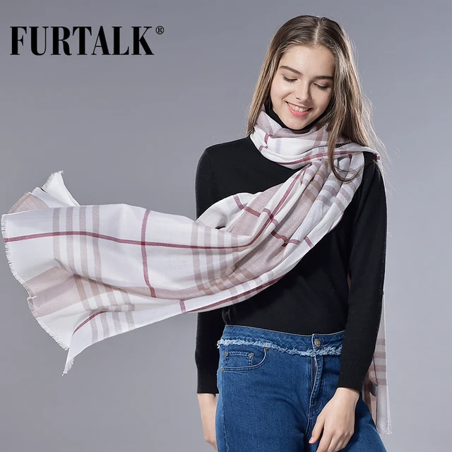 FURTALK 100% Lamb Wool Plaid Desigual Scarf Spring Autumn Women and Men Scarf Luxury Brand Couples Scarves Female and Male