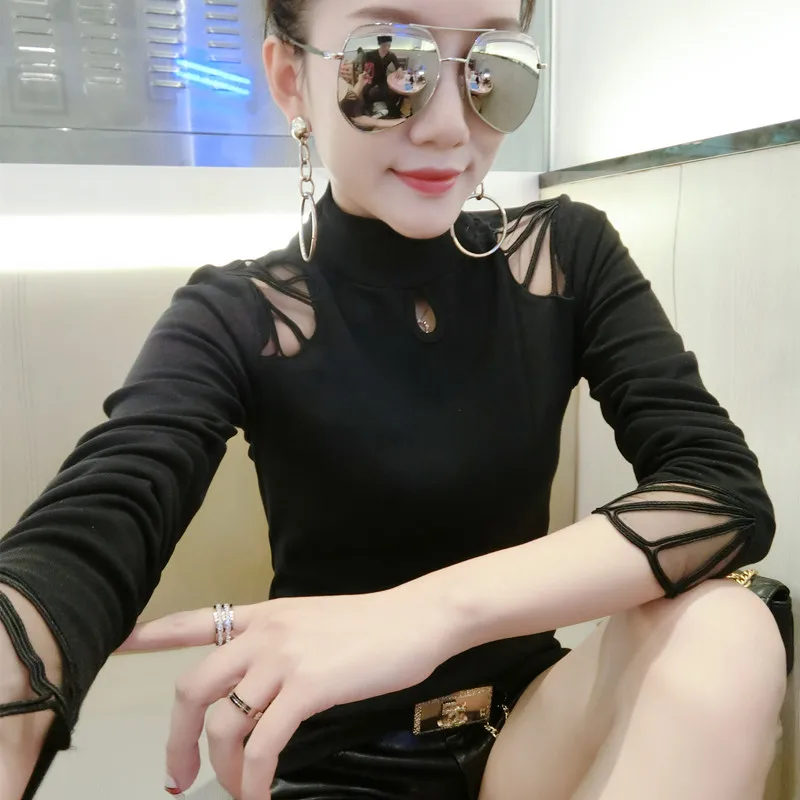 Black tshirt Европейская Лоскутная открытая футболка, новинка года, осенне-летний топ с длинными рукавами, одежда, рубашка, Camiseta Mujer, джемпер T97113 - Цвет: Black tshirt