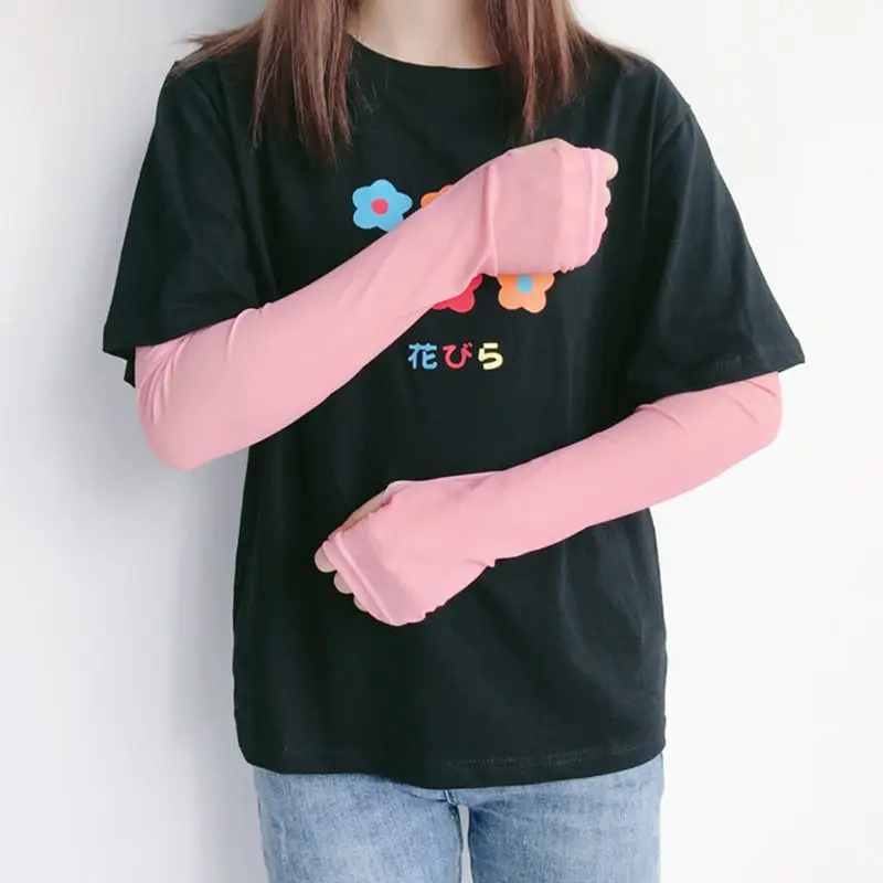 

Womens Summer Cooling Arm Sleeves Cover Sweet Solid Candy Color Outdoor Cycling Sun Protection Fingerless Gloves With Thumb Hole
