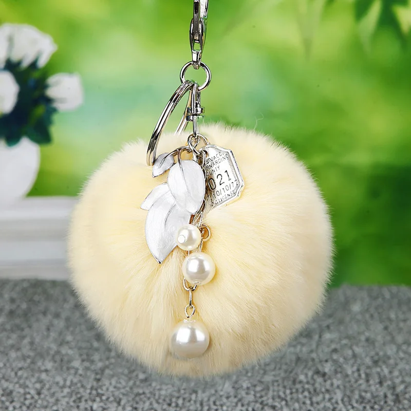 8 cm Fluffy conejo piel Llavero perla hojas Llavero piel Pom Llavero Pompon Porte Clef Pompom De fourrure colgante