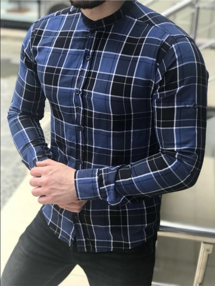 Men's Shirts Checked Plaid Long Sleeve Slim Shirt V-Neck Formal Spring NEW Fashion Casual Men Tops Shirt