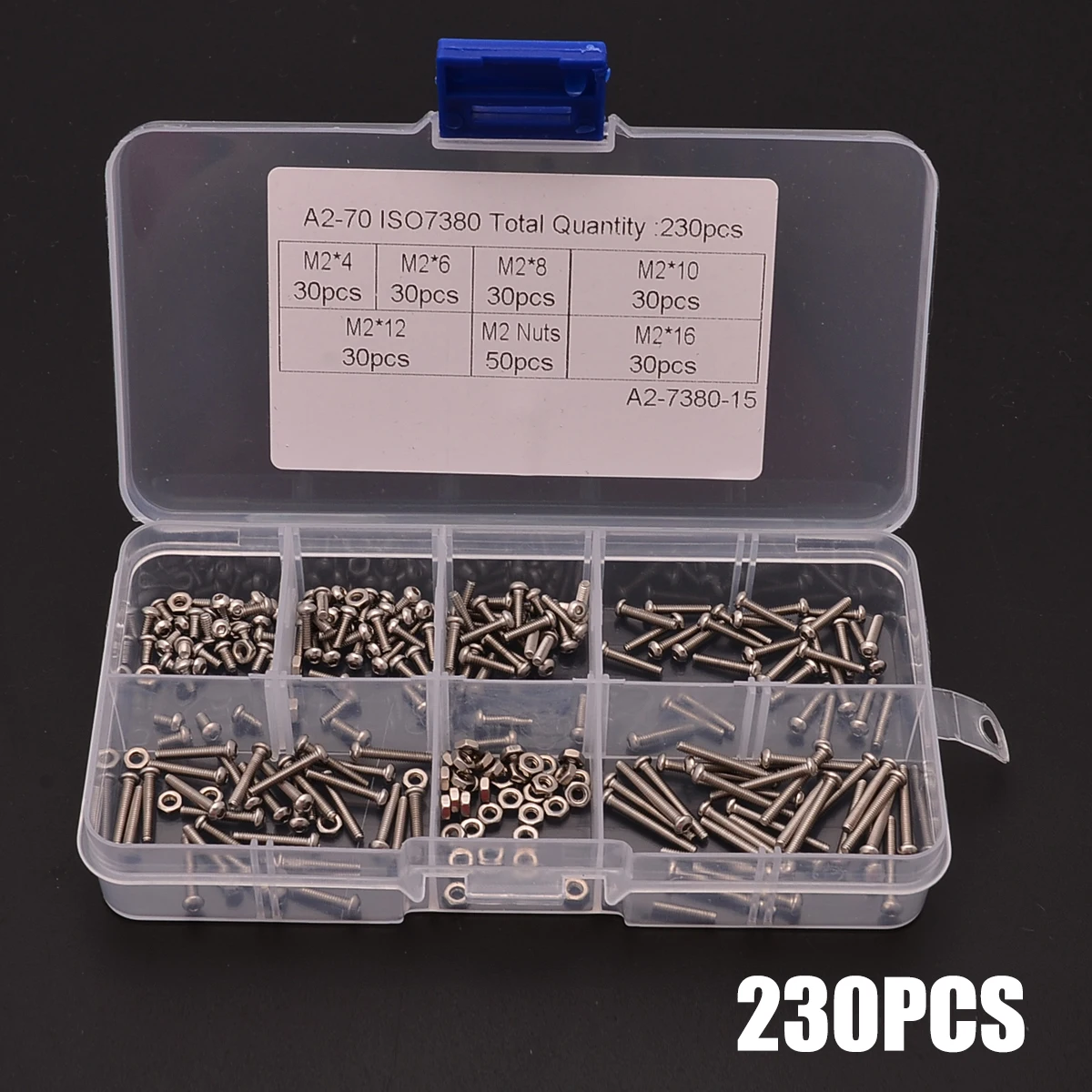 New 230Pcs M2 Stainless Steel Hex Socket Button Head Screw Bolts Nuts Assortment Kit With Box For Hardware Accessories