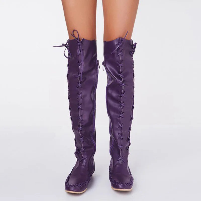 purple knee high flat boots
