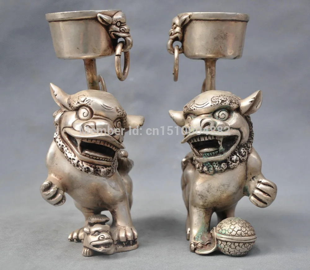 

shitou 0012 8'' China Silver Bronze pair lion Leo candle stick Bronze Statue discount 30% (C0324)