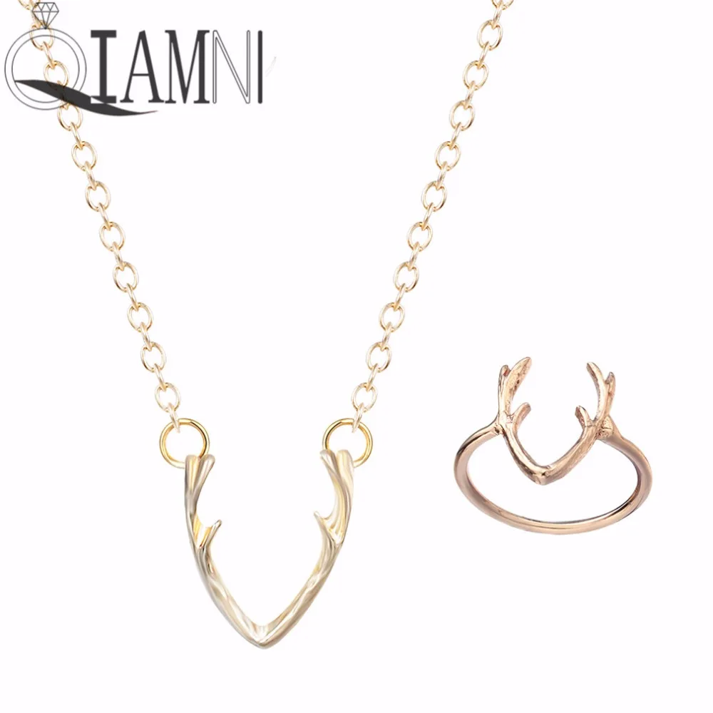 QIAMNI Animal Deer Rings for Women Arrow Antler Midi Knuckle Cute Jewelry Sets Lovely Girls Christmas Gift Necklace | Украшения и