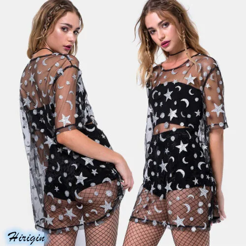 

Summer Women Sexy Black Mesh Sheer Mini Dresses 2019 New Women Summer Sexy Stars Print Sheer Mesh Mini Dress