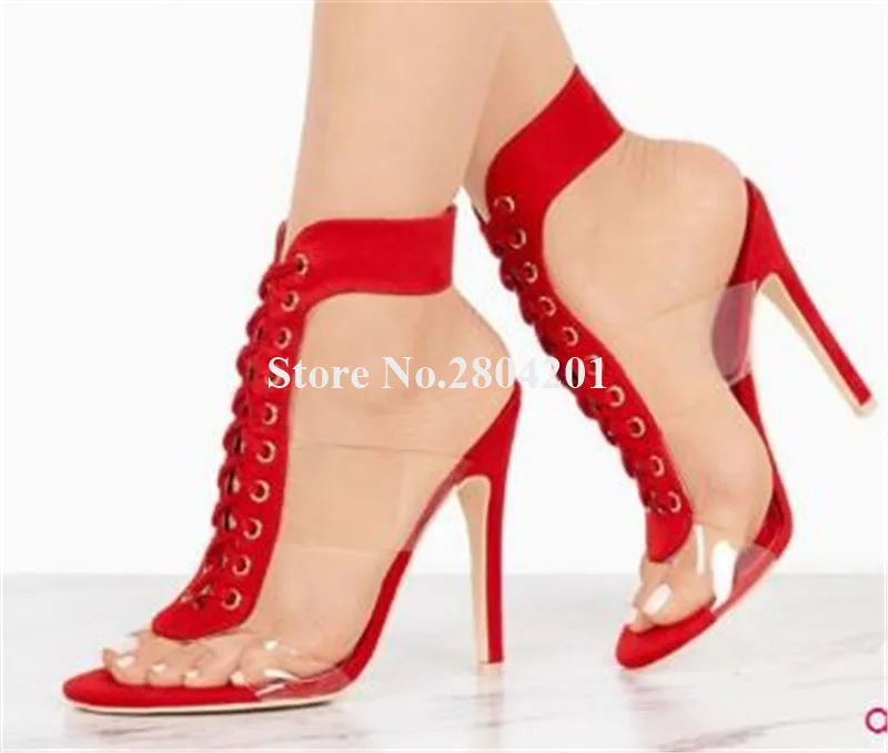 

New Fashion PVC Sandals Open Toe Suede Patchwork Clear Transparent Stiletto Heel Gladiator Sandals Dress Heels Shoes