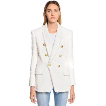 

High Quality Women's Autumn Designing Double Breasted Gold Buttons White Runway Jackets Notched Casual Slim Blazers S-XXL