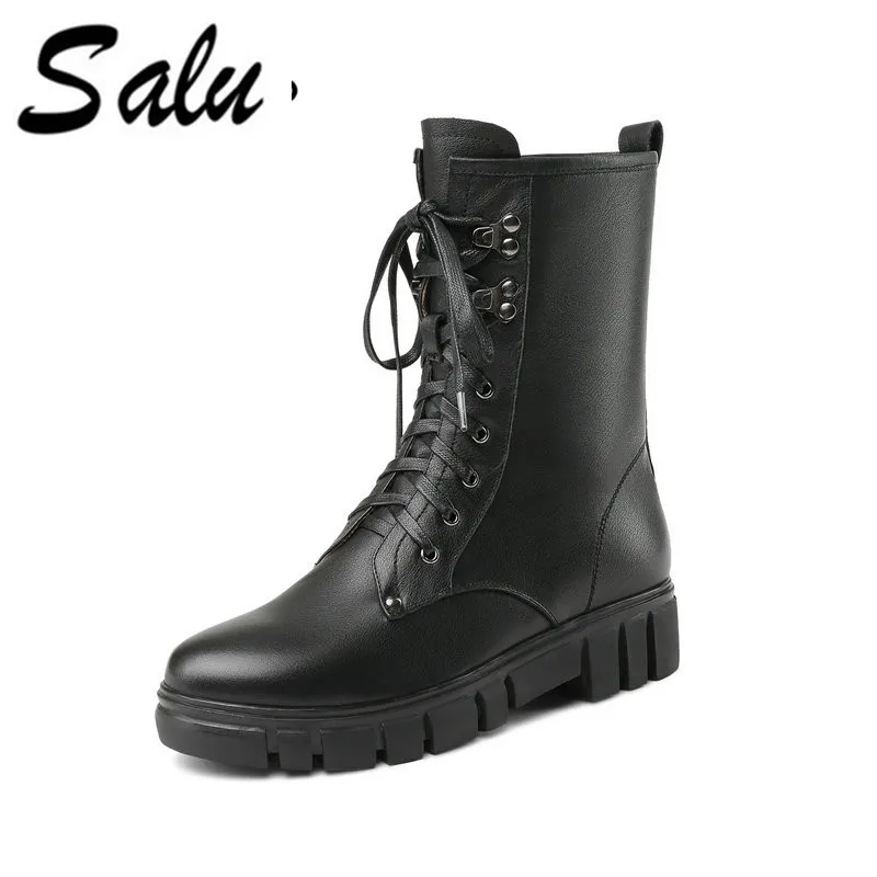 

Salu Full Grain Leather black Winter Boots Shoes Woman Lace-up Zipper Boots Short Plush Handmade Ankle Shoes