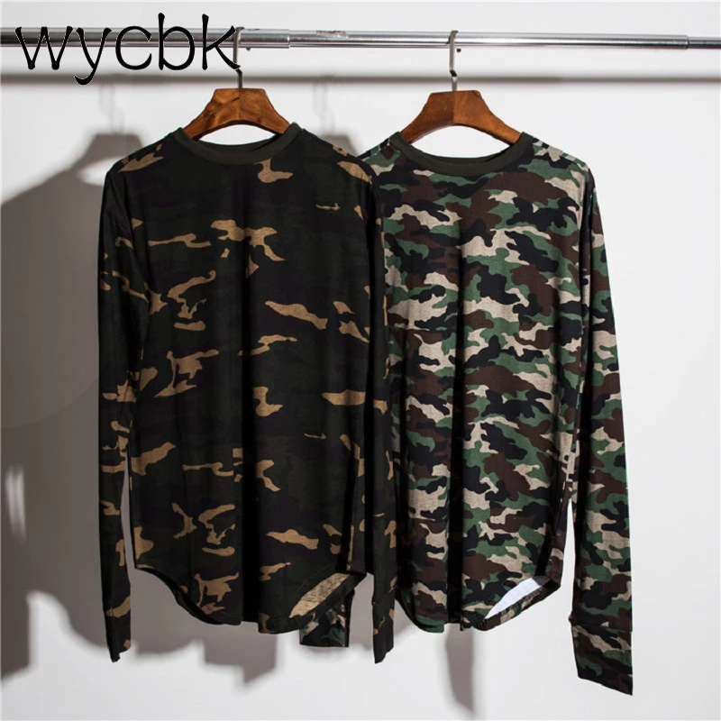 

New Camouflage Striped Curved Hem cotton T-shirt Men Extended Camo Hip Hop long sleeve T shirts Urban Kpop Summer men Streetwear