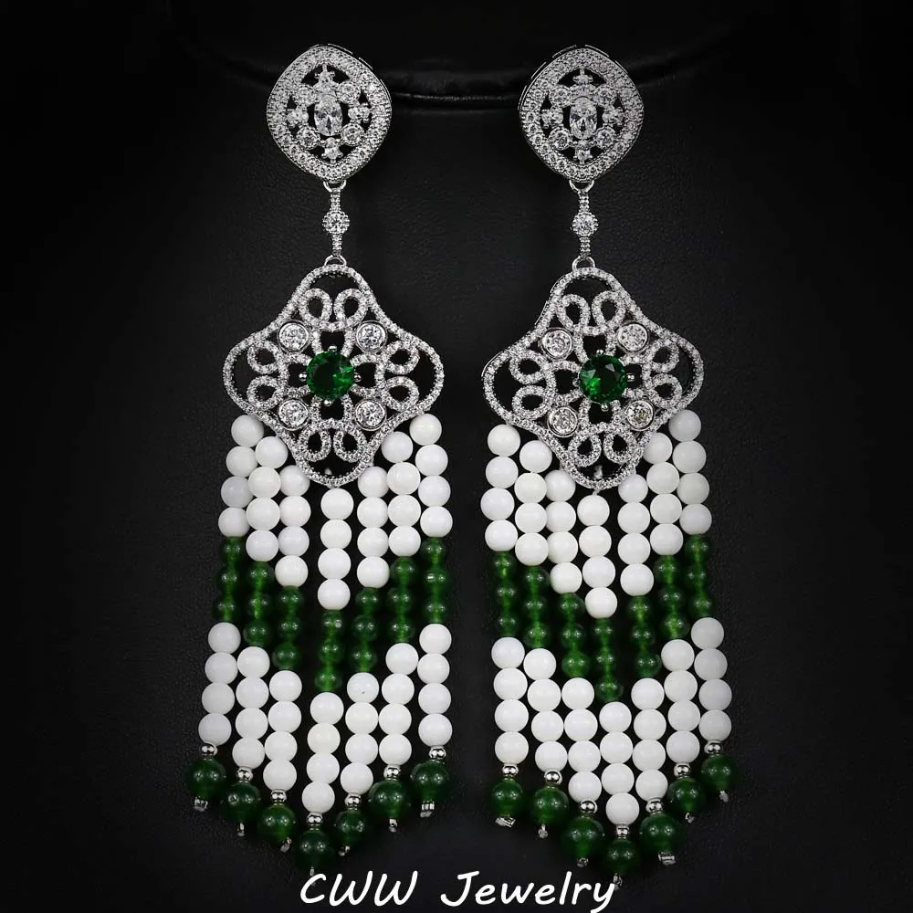 

CWWZircons Green Created Emerald Semi-Precious Stone Jewelry Ethnic Large Long Statement Women Earring With Cubic Zirconia CZ129