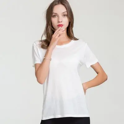 Свободная трикотажная футболка из 10% шелка с короткими рукавами и круглым воротником - Цвет: Белый