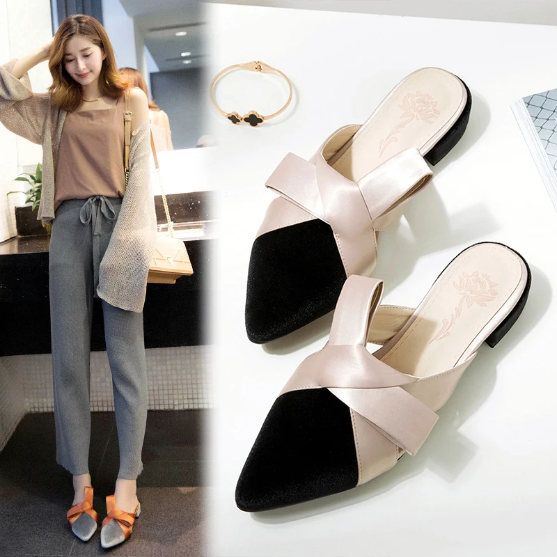 

ChowaringBrand Elegant Satin And Velvet Fashion Modern Women Slippers Outside Pointed Toe Bow Knot Low Heel Mules Shoes Spring