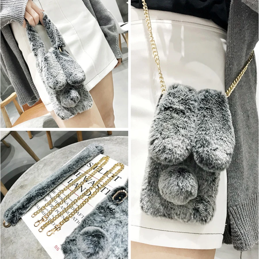 

case for iphone XS MAX XR X 6 6S 7 8 plus case cover luxury rabbit fur 2 in 1 fur chain shoulder strap soft silicon phone bag
