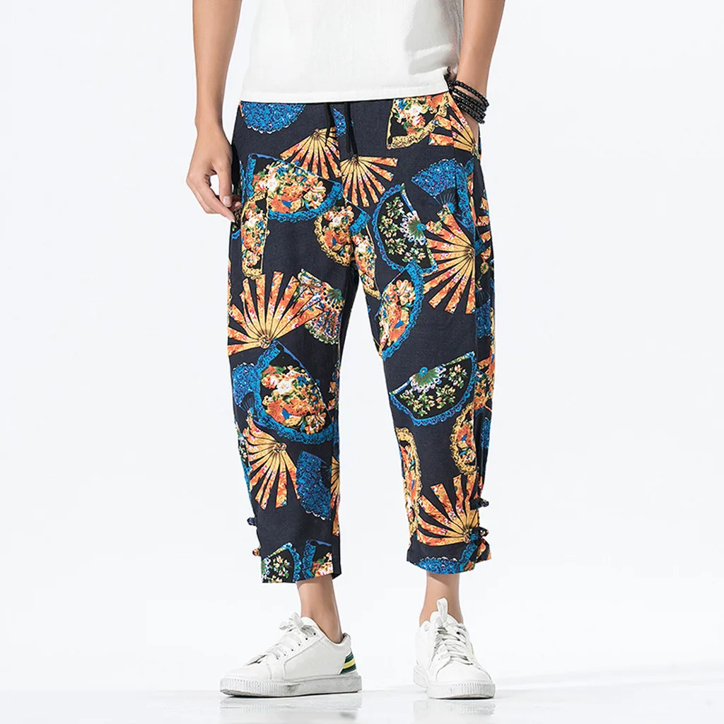 Pantalones hombre 2019 мужские повседневные винтажные свободные хлопковые льняной с принтом лоскутные брюки до щиколотки calca masculina