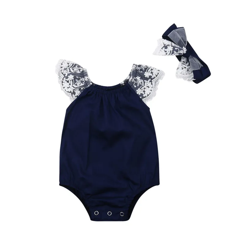Одежда для маленьких девочек; боди для маленьких девочек; детские кружевные боди с рукавами-крылышками; костюмы для малышей; повязка на голову; комплект из 2 предметов - Цвет: Синий