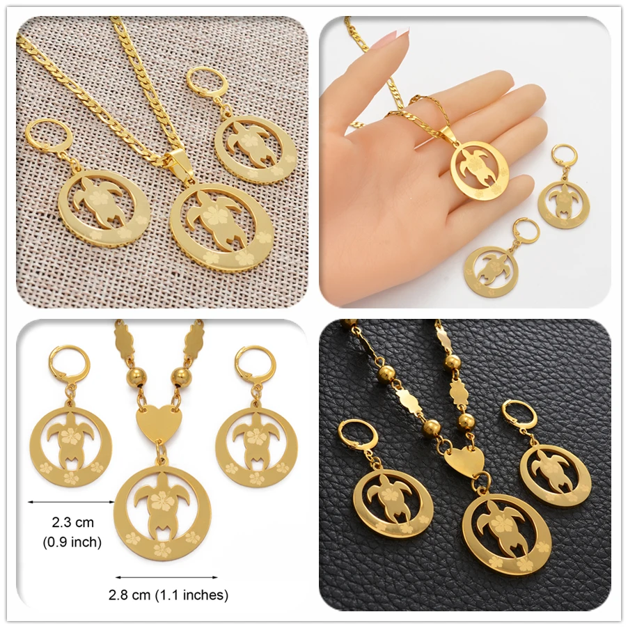 

Anniyo Marshall Islands Hawaii Flower and Turtle Necklaces Earrings Micronesia Jewelry sets Guam Tortoise Women Girls #108221