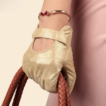 

Leather gloves female pig leather gloves female autumn and winter color fashion halter plus velvet thick cute short bright