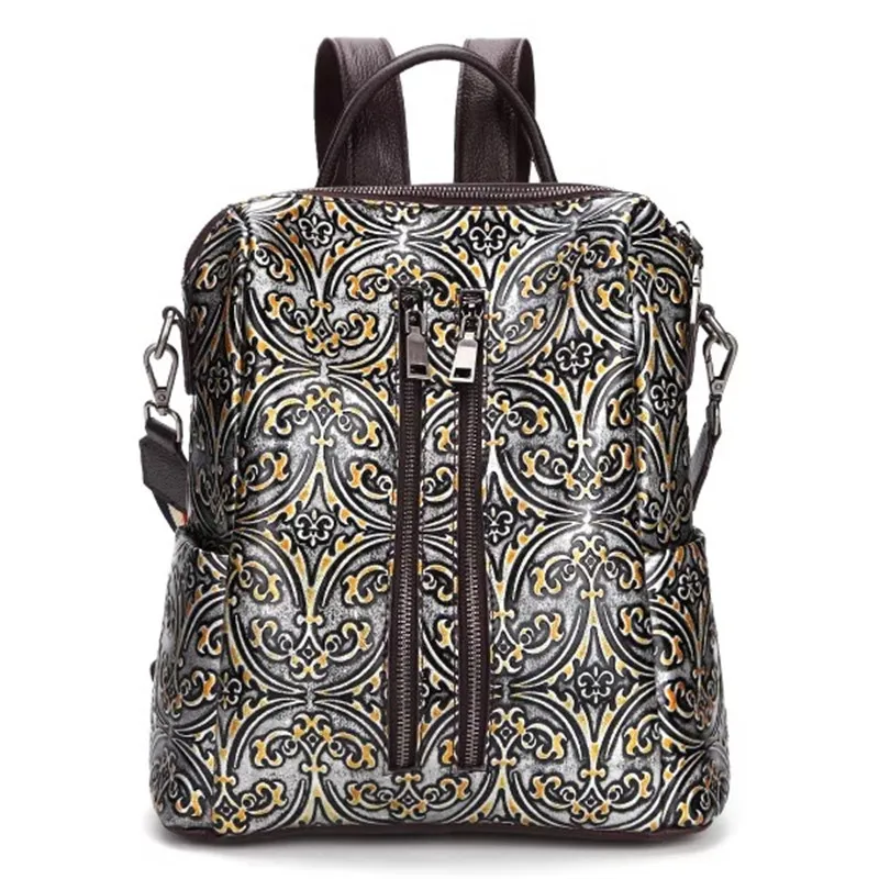 

Unique Embossing Designer Genuine Leather Women Soft Multipurpose Travel Backpack Lanyard Strap Female Girls Casual Back Pack