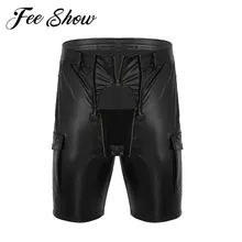 Мужские блестящие черные повседневные шорты из искусственной кожи на молнии спереди, плотник, латексные шорты Homme, вечерние, Клубная одежда, короткие штаны