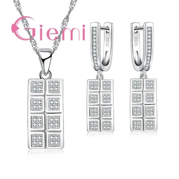 

Exquisite Rectangle Lattice Shape Necklace Earrings Hoop Jewelry Gift For Women Cubic Zircon 925 Sterling Silver Sets