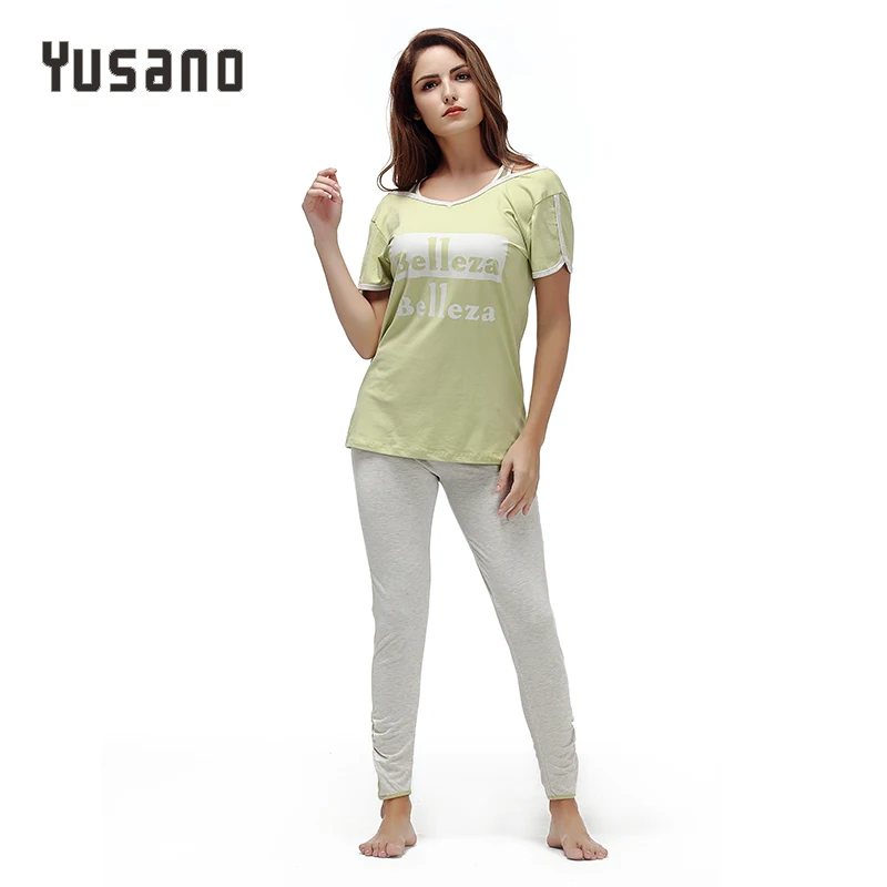 Yusano 2017 пижамы Для женщин выдалбливают О-образным вырезом короткий рукав с буквенным принтом единорог пижамы Повседневное розовый зеленый