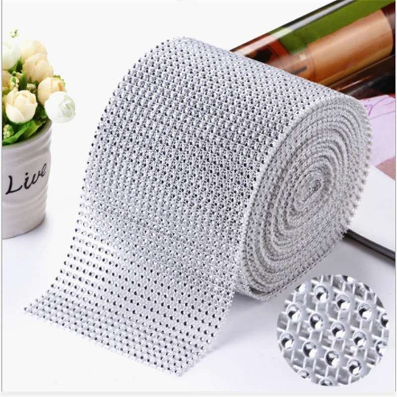 

4CM*2M 1 roll Bling Diamond mesh Wrap ribbon silver Rhinestone Mesh Roll Tape Tulle Crystal Ribbon cake wedding decoration