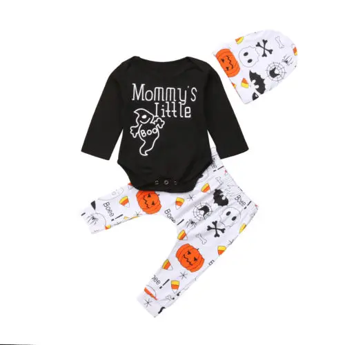 Adorable 3Pcs Halloween Clothing Baby Boys Girls Long Sleeve Letter Print Romper Tops+Long White Ghost Pants+Hats Infant Outfit | Детская