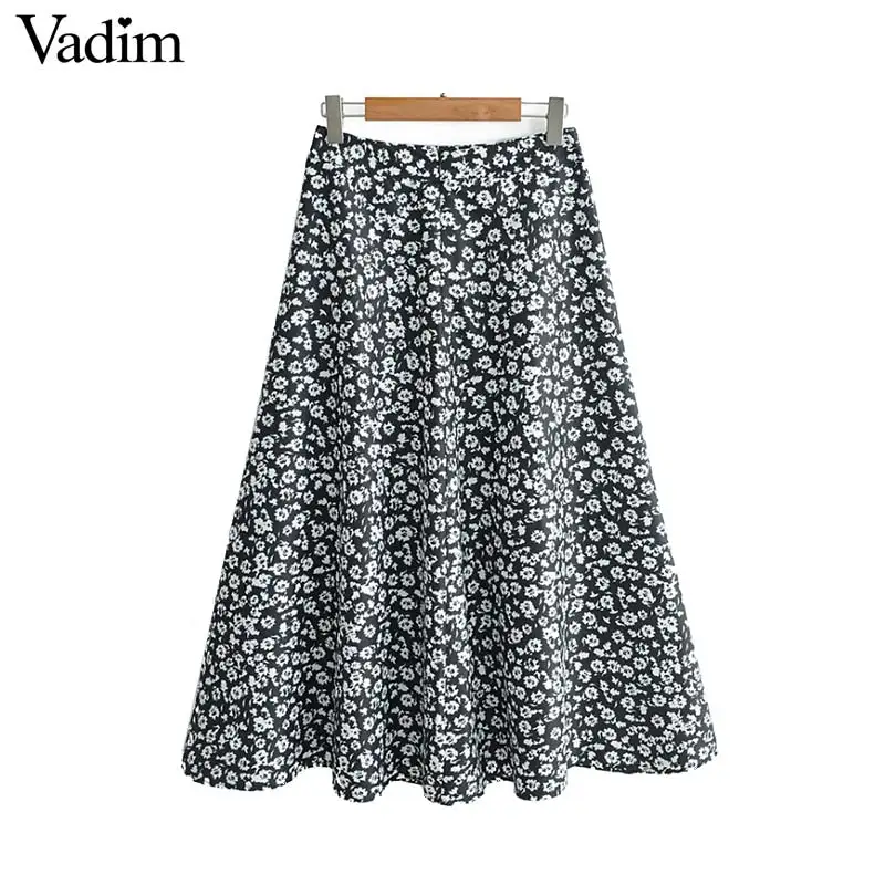 

Vadim women elegant floral print midi skirt stylish female casual chic back zipper mid calf A line skirts faldas mujer BA644