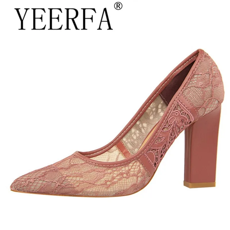 

Europe Retro High Heels Shoes Thick Heel Pumps Shallow Pointed Netted Embroidery Sexy Lace Ladies Heeled Shoes