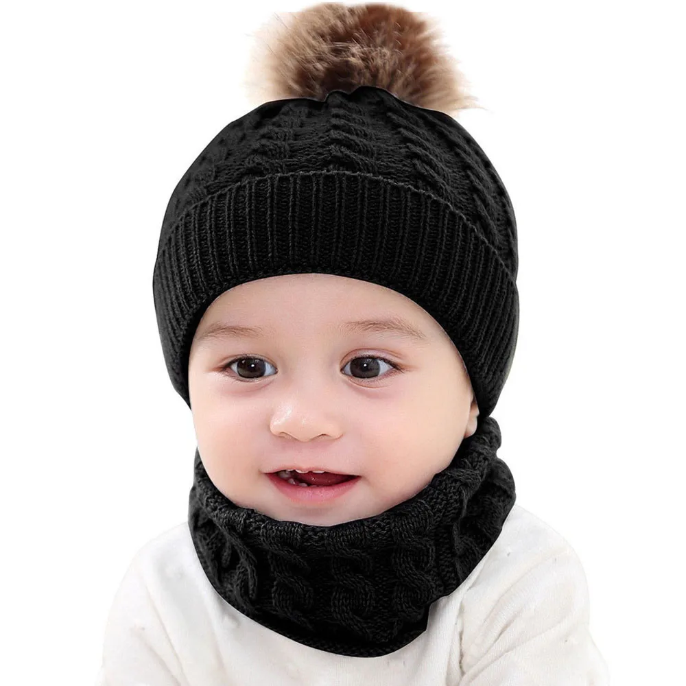 Детская зимняя шапка, комплект из 2 предметов для маленьких девочек и мальчиков, одноцветная шапка, зимняя теплая вязаная шапочка+ шарф, теплый комплект, детская шапка#3