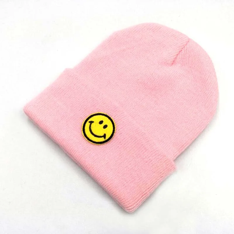 

Lovely Smiling Face Patch Children Knitted Caps Autumn Winter Brand Skullies Beanies Kids Pompom Woolen Yarn Parent-child Hats