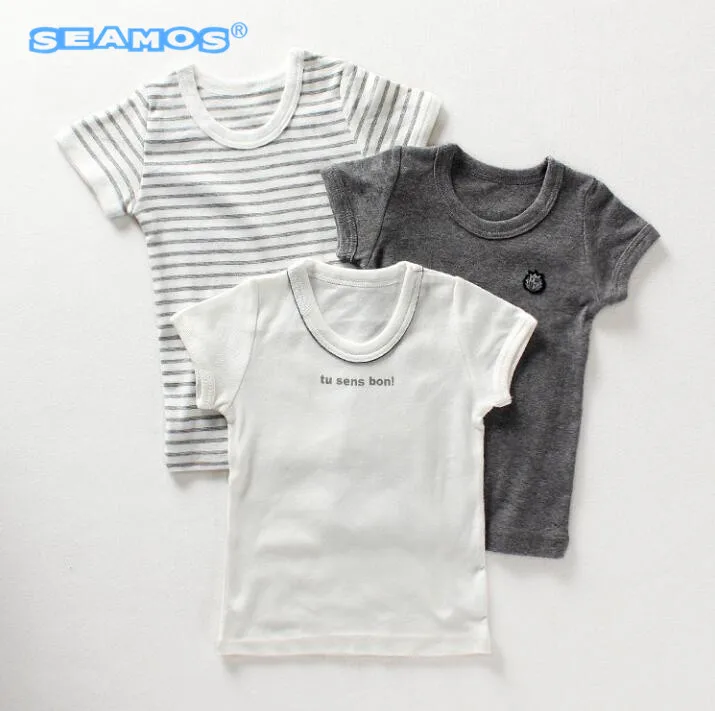 

3pcs Lot new boys summer clothes baby T-shirt half sleeve shirt white solid gray stripe 1-7 years old XS34