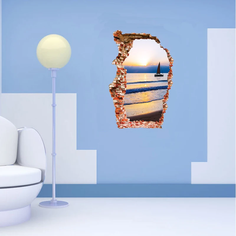 Breken настенные 3D настенные морские стикеры лодка Закат декорации домашнее украшение для гостиной фон художественная разбитая дыра наклейка на дверь