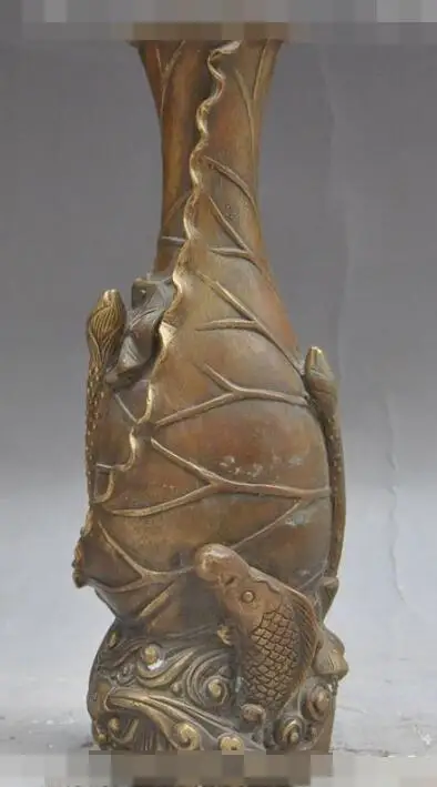 

S00402 china fengshui bronze fish play bead Lotus leaves statue Zun Cup Bottle Pot Vase (A0321)