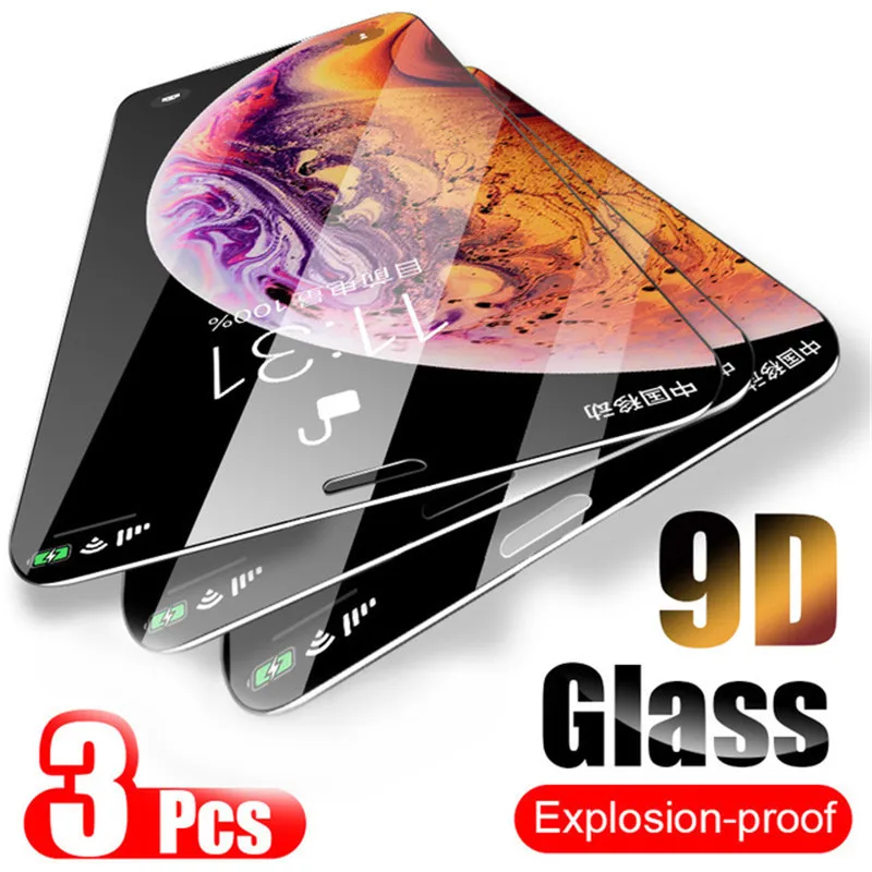

3PCS 9D Tempered Glass For iPhone7 8plus 11 pro max 6 6s screen Protector XS MAX XR Protective Glass for iphone8 7 XS 6s 7plus