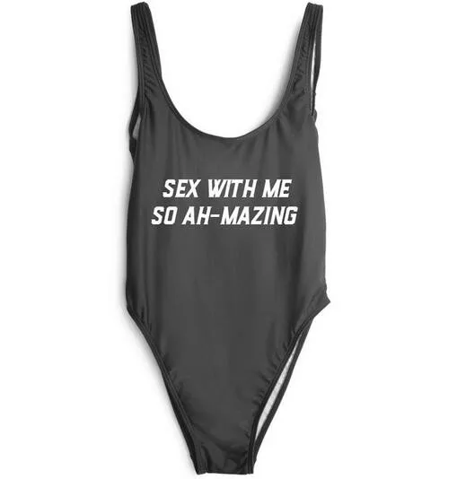 SEX WITH ME SO AH-MAZING Funny letter print One-Piece Swimwear Women Sexy low back Bodysuit bathing suit  jumpsuit beachewar sequin bodysuit