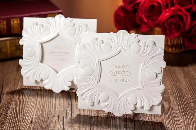 Personzlied Baroque style elegant White Color Wedding Invitation Card Square Shape Laser Cut