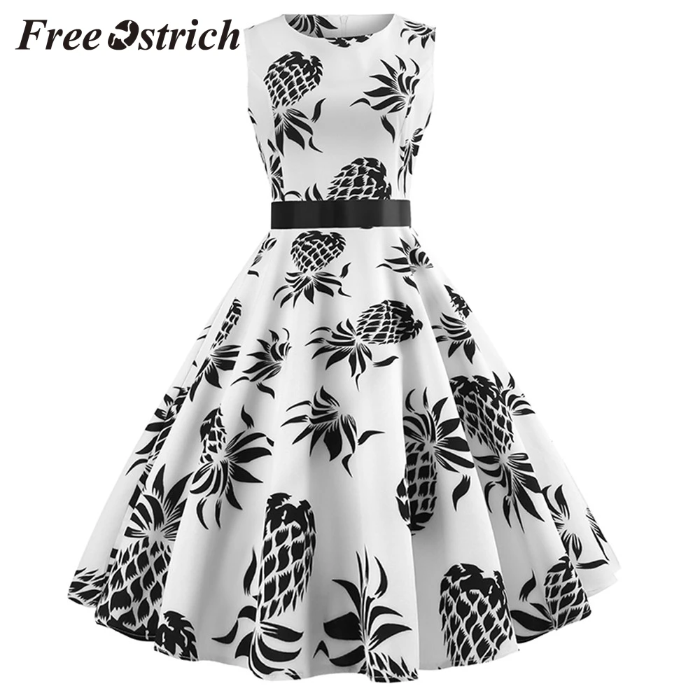 

Free Ostrich 2019 Women Vintage Sleeveless O Neck Evening Striped Printing Party Prom Swing Dress Pineapple Fruit Print Dress