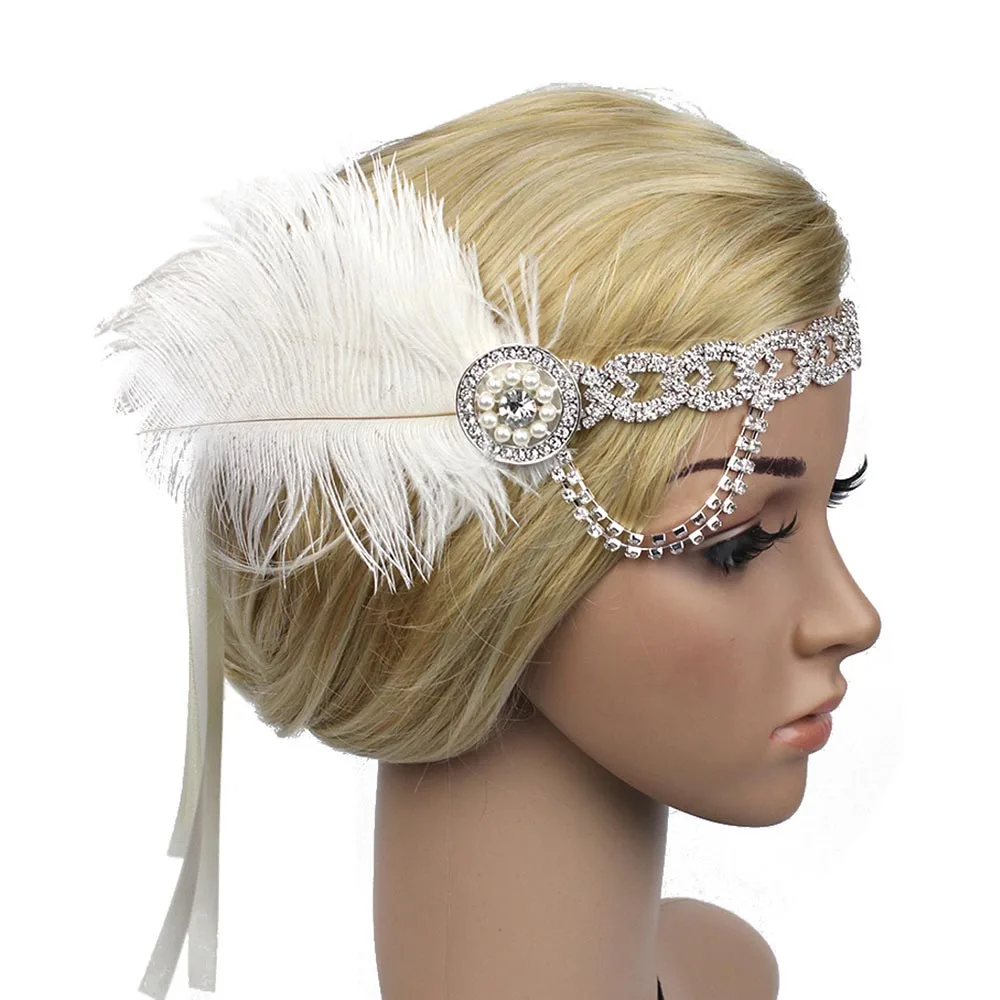 1920s Хлопушка головной убор с перьями Винтажный стиль старинный горный хрусталь кисточки цепочки на голову великие Гетсби для волос кусок - Цвет: White