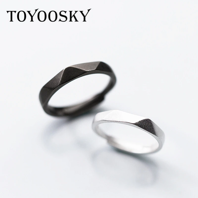 

TOYOOSKY Couple Ring 925 Sterling Silver Frosted Section Shape Black White Fashion Jewerly for Women Men Adjustable Size