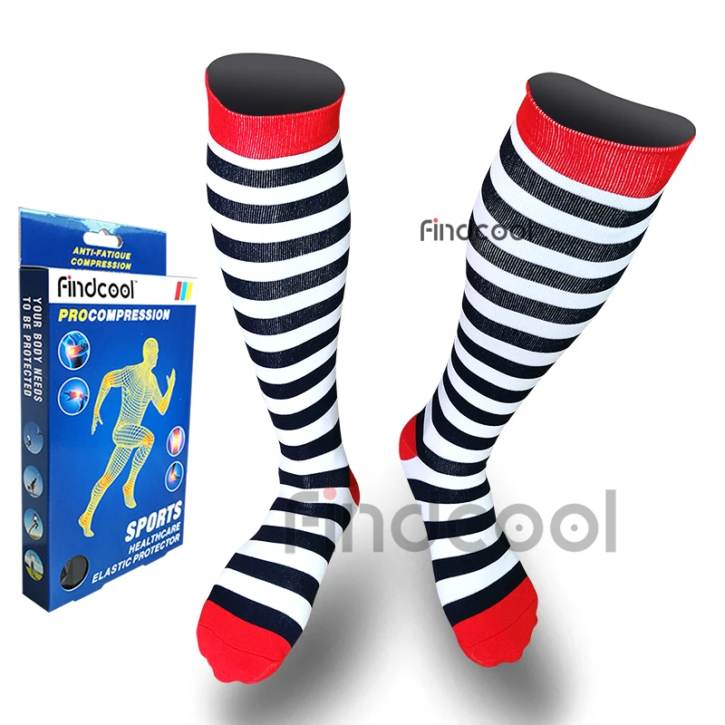 FINDCOOL унисекс Компрессионные носки из варикозного расширения вен теленок поддерживает черные белые полосатые носки для женщин и мужчин