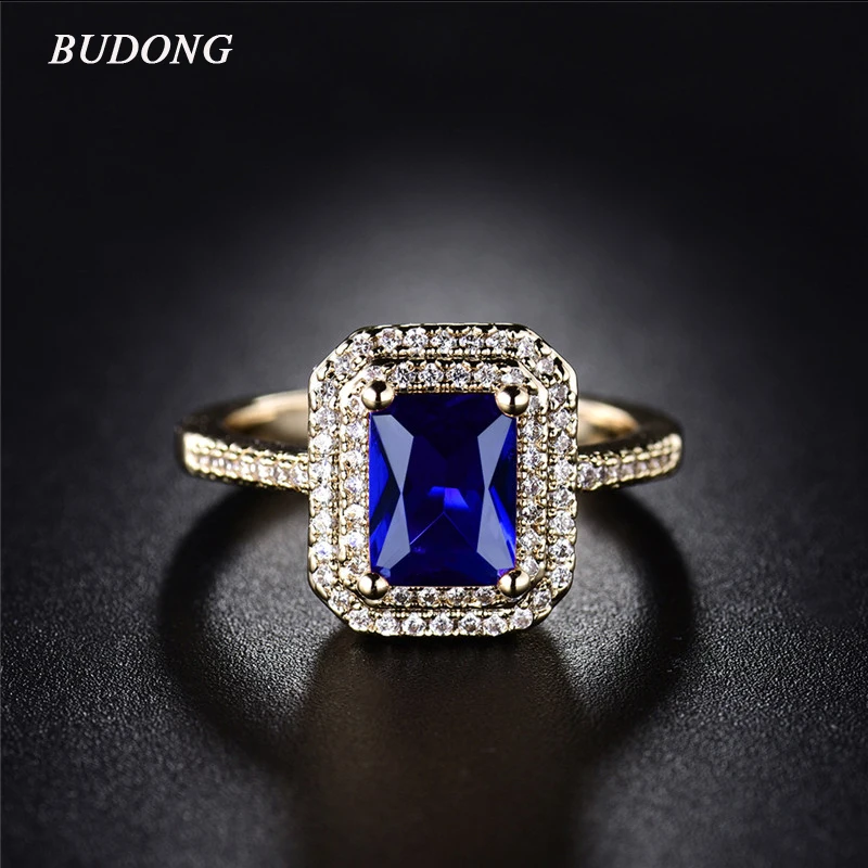 

BUDONG 2017 Perfect Design Double Halo Finger Ring Gold Color Princess Cut Blue Crystal Zircon Party Jewelry For Women XUR309