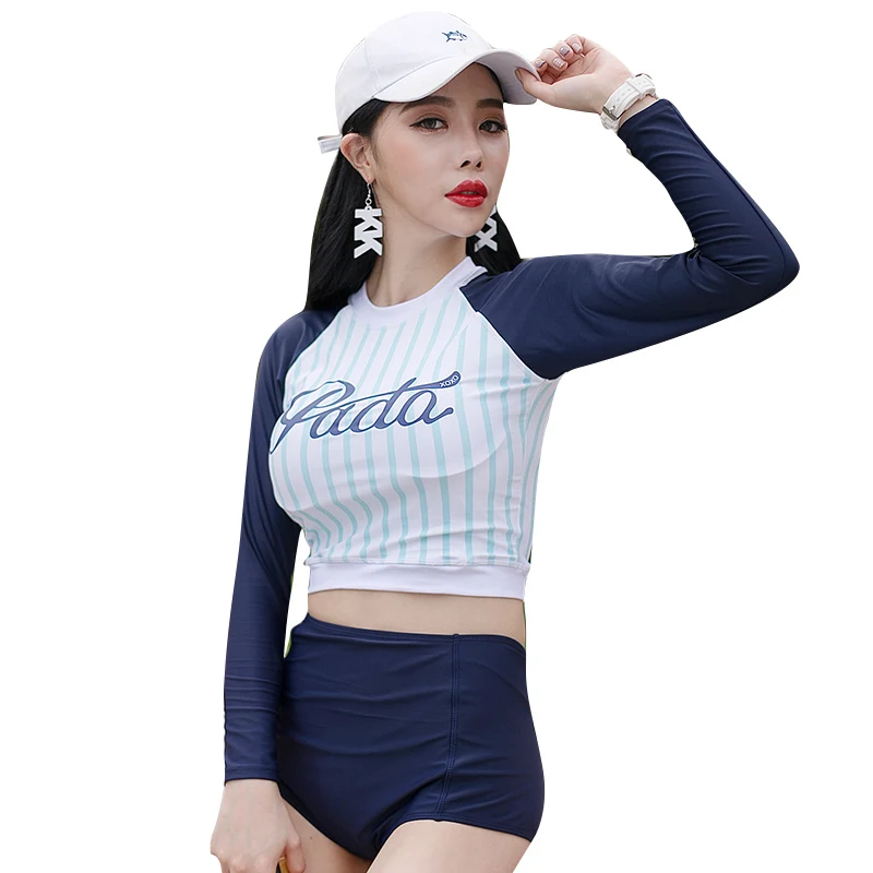 

Women Swimwear Long Sleeve Push Up Swimsuit with Underwire Modest Separate Set Two Piece Tankini Swim Navy Blue Bathing Suit