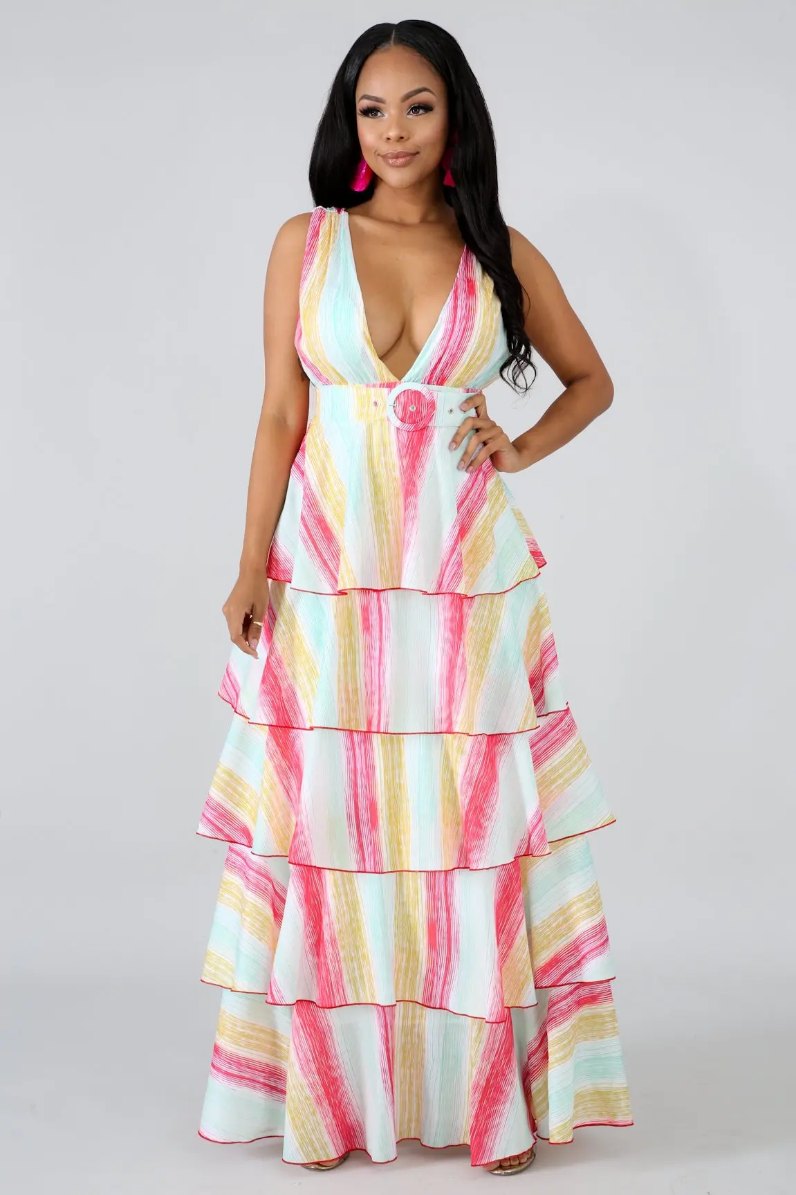 Красочное летнее пляжное платье для женщин с глубоким v-образным вырезом, многослойное богемное платье с оборками, милое платье макси без рукавов с открытой спиной
