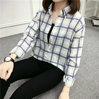 

blusas mujer de moda 2019 Retro Plaid Blouse Tops Fashion Summer Casual Long Sleeve Botton Dot womens tops and blouses