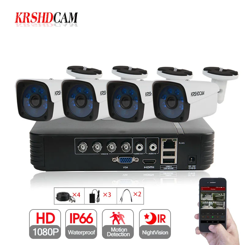 

KRSHDCAM 4CH AHD DVR Security CCTV System 30M IR 4PCS 1080P CCTV Camera Outdoor Waterproof Camera Home Video Surveillance Kit